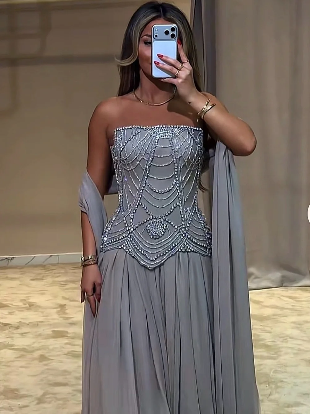 Embellished beige Evening Gown - Designer Style